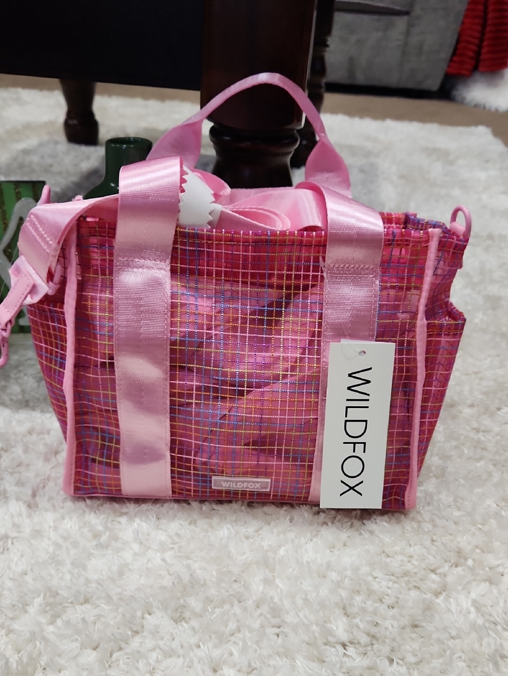 Wildfox Pink Multi-Color Plaid Tote with Satin Handles